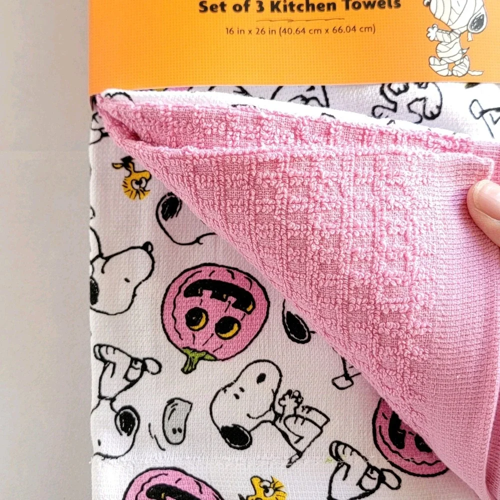 NEW 2025 Peanuts Pink Pumpkins Snoopy Set Of 3 Halloween Kitchen Towels 100% Cot